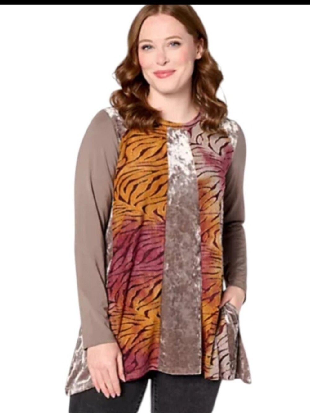 LOGO Velvet Panel Animal-Print Long Sleeve Tunic  Taupe/ Rust 70s Vibes NWT Sz S
